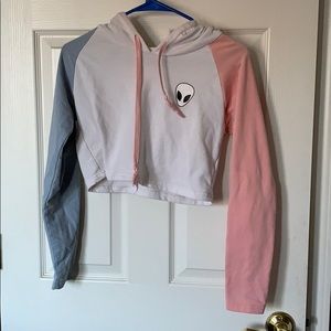 Pink, blue, and white alien crop top hoodie